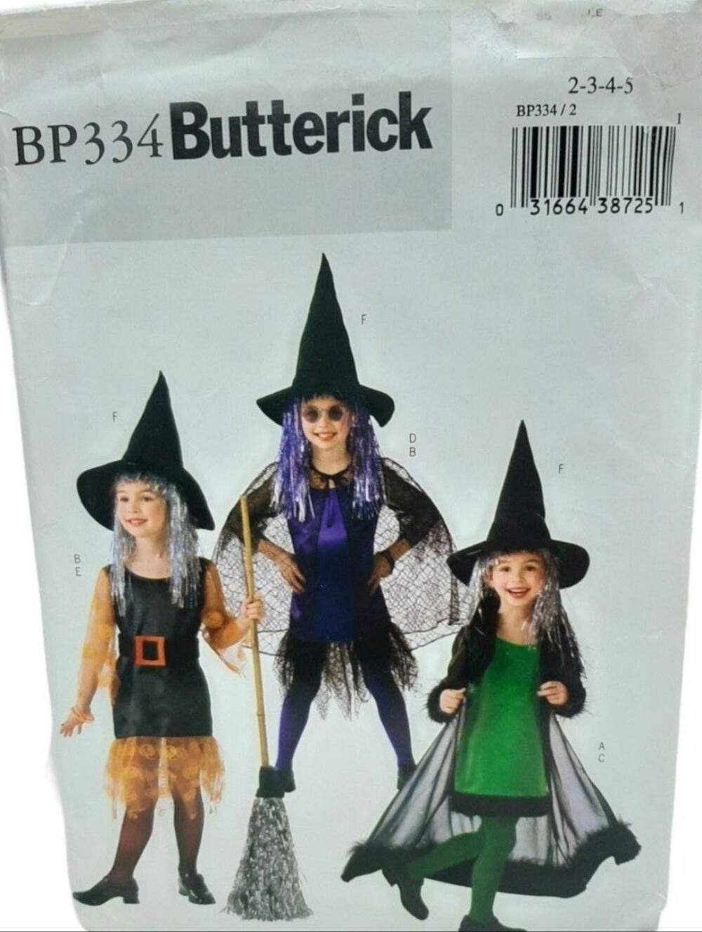 Vintage Butterick BP334 Witch Costume Sewing Pattern Girls Dress Cape Hat